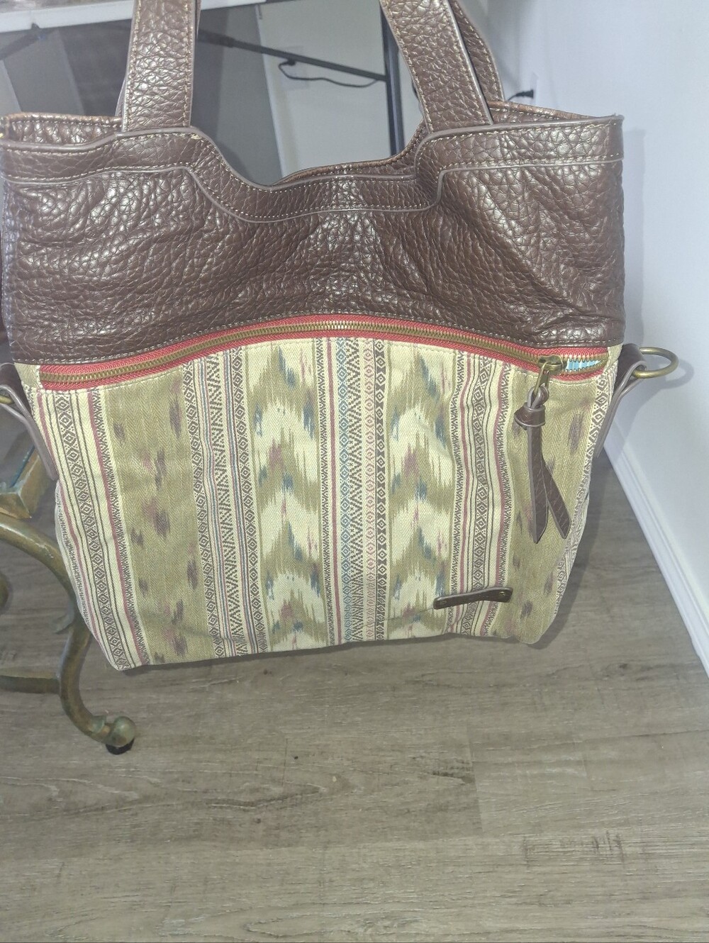 Pistil Brown Leather-Trimmed Boho Shoulder Bag with Multicolor Woven Panel